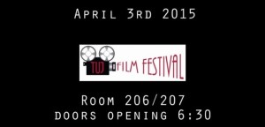 テンプル大学ジャパンキャンパスで4月3日に開催される「2015年学生映画祭（TUJ Student Film Festival 2015）」のフライヤー。当時は無料で入場でき、スナックと飲み物がつく。
